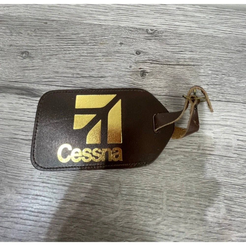 Vintage Cessna‎ Aircraft Leather Luggage Tag Brown Gold Aviation Pilot Accessory